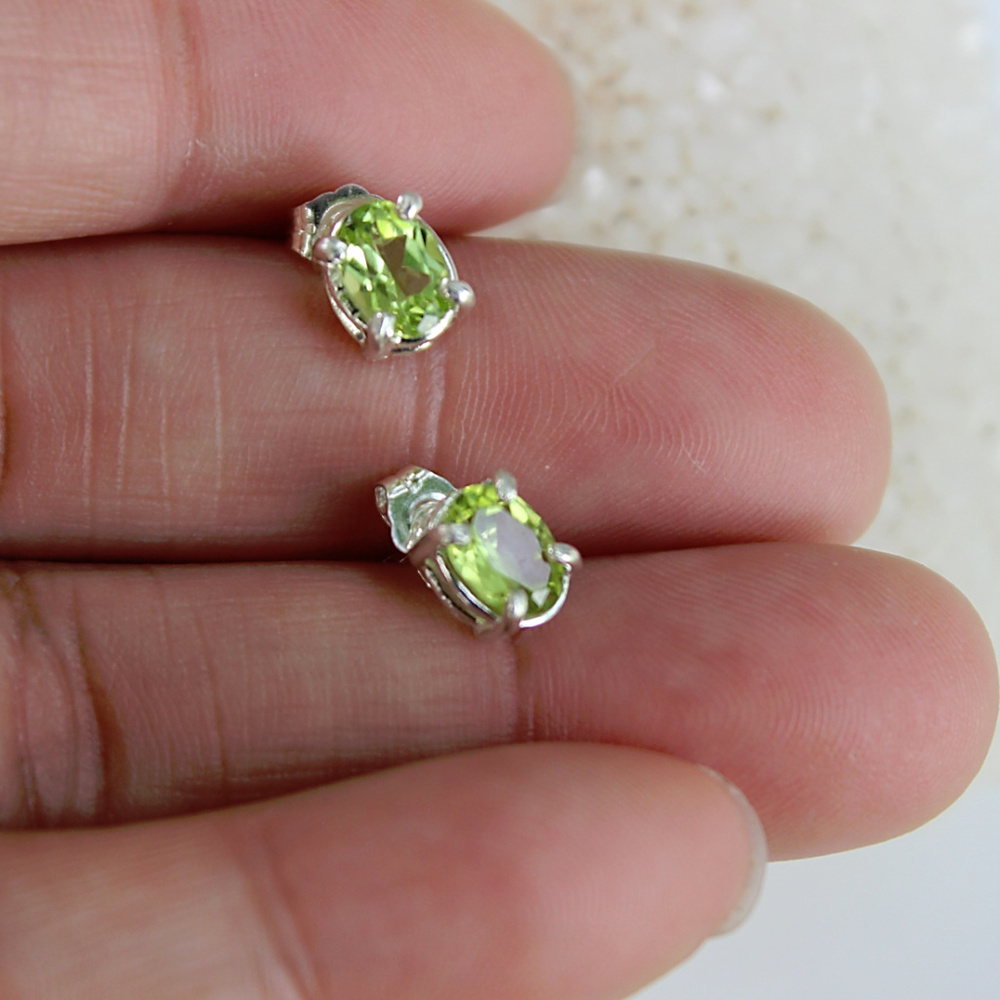 Peridot Studs Earrings, Sterling Silver